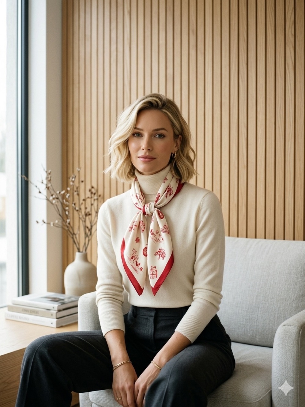 100% Silk Red & Cream Printed Neck Scarf